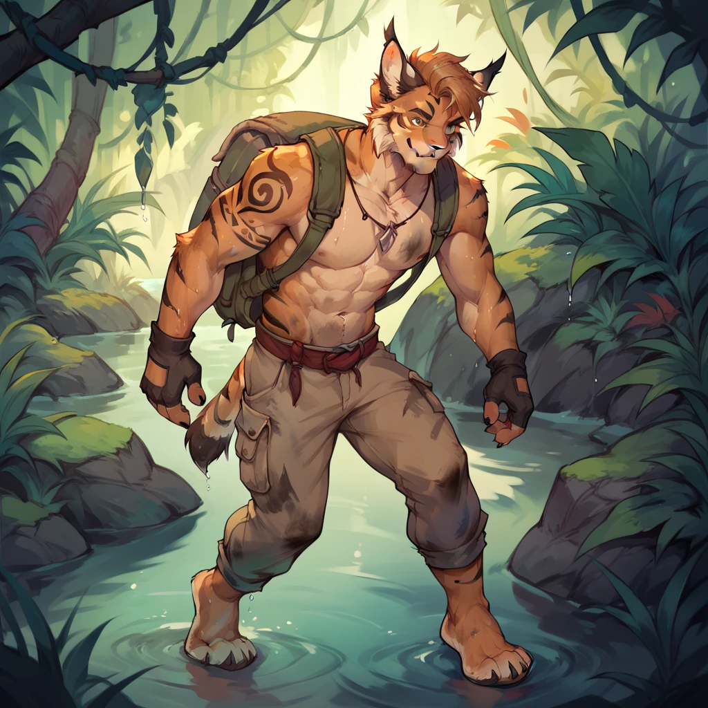 alone, cannon, (tiger), human nature, male, ((orange body)), army, There&#39;a gun on the floor, Tail, muscle, Handsome, dog tag, topless, , Thick, forest, fantasy, Outdoor sports, External, dark, night, forest, Star, Permanent installation, toe claws, epic, depth of field, perfect lighting, (light particles品质),(masterpiece),(ultra deTailed),sharp focus,light particles