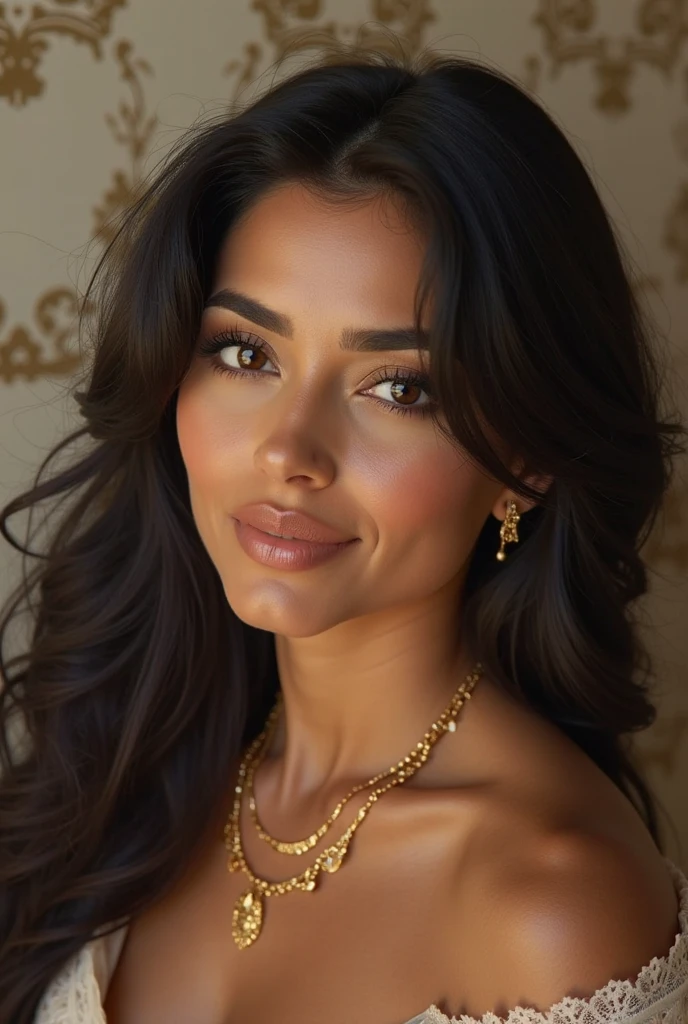 "Create an image of a beautiful Indian girl wearing a stylish top with a vibrant red coat over it. The girl should have eyes similar to Shraddha Kapoor's—large, expressive, and captivating. She should be depicted as the epitome of Indian beauty, with a warm, glowing complexion, long wavy hair, and a face that exudes both innocence and confidence. The background should be soft and elegant to keep the focus on her stunning appearance."