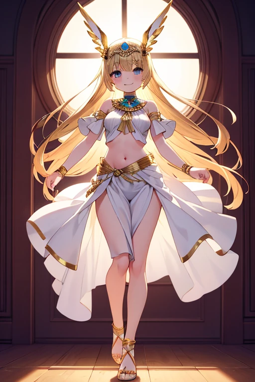masterpiece, best quality, desert background, full body, walking, hands on waist, smile,<lora:mythra-xb-richy-v1:0.7> mythradef, tiara, earrings, chest jewel, cleavage cutout, cleavage, elbow gloves, white gloves, thigh strap, <lora:EgyptianClothes:1> egyptian clothes