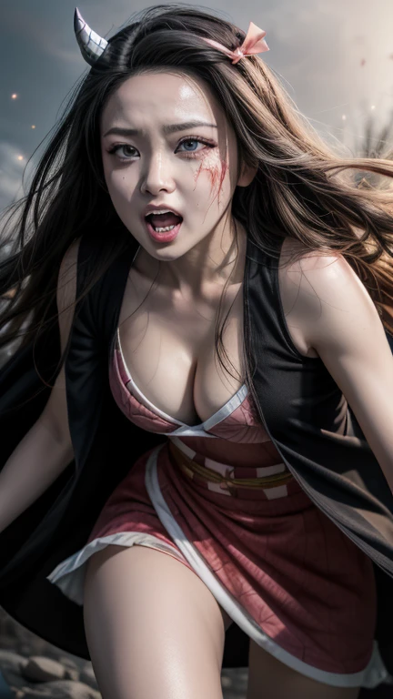 1girl, Kamado nezuko, Long hair, Black hair, Angry, Boobs, Pink kimono, realistic