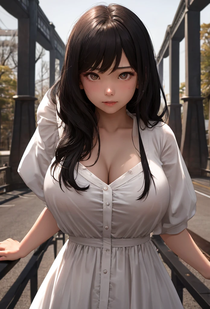 (masutepiece: 1.3), (max resolution: 1.2), (Ultra HDTV: 1.2), cinematric light, 8K resolution, Detailed eyes and skin, detailed facial features, Perfect limbs、Perfect fingers、Anatomically accurate body, Fingers in natural shape, Realistic texture, (Focus on the whole body:1.2), Perfect Style, (Beautiful face, kawaii eyes, Clear eyes、realisticeyes, Beautiful eyes like jewels), acurate, Anatomically correct, Highly detailed facial and skin texture, Detailed eyes, Double eyelids, Thin eyebrows, Glitter Eyeliner, Natural cheeks, Glossy skin, Fair skin:1.2, (Glossy lips: 1.2), (#Slim waist), Full body like, (Firm chest, huge udder, cleavage of the breast:1.5), (Neat and clean,Genki:1.5), 22year old, 1 persons, bangs flowing diagonally, light chestnut hair, (black knit cardigan, See-through white shirt, cute black lace bra, shortpants, High-cut sneakers), (thigh visible), (lean forward and look at you:1.3), (Night city:1.3),