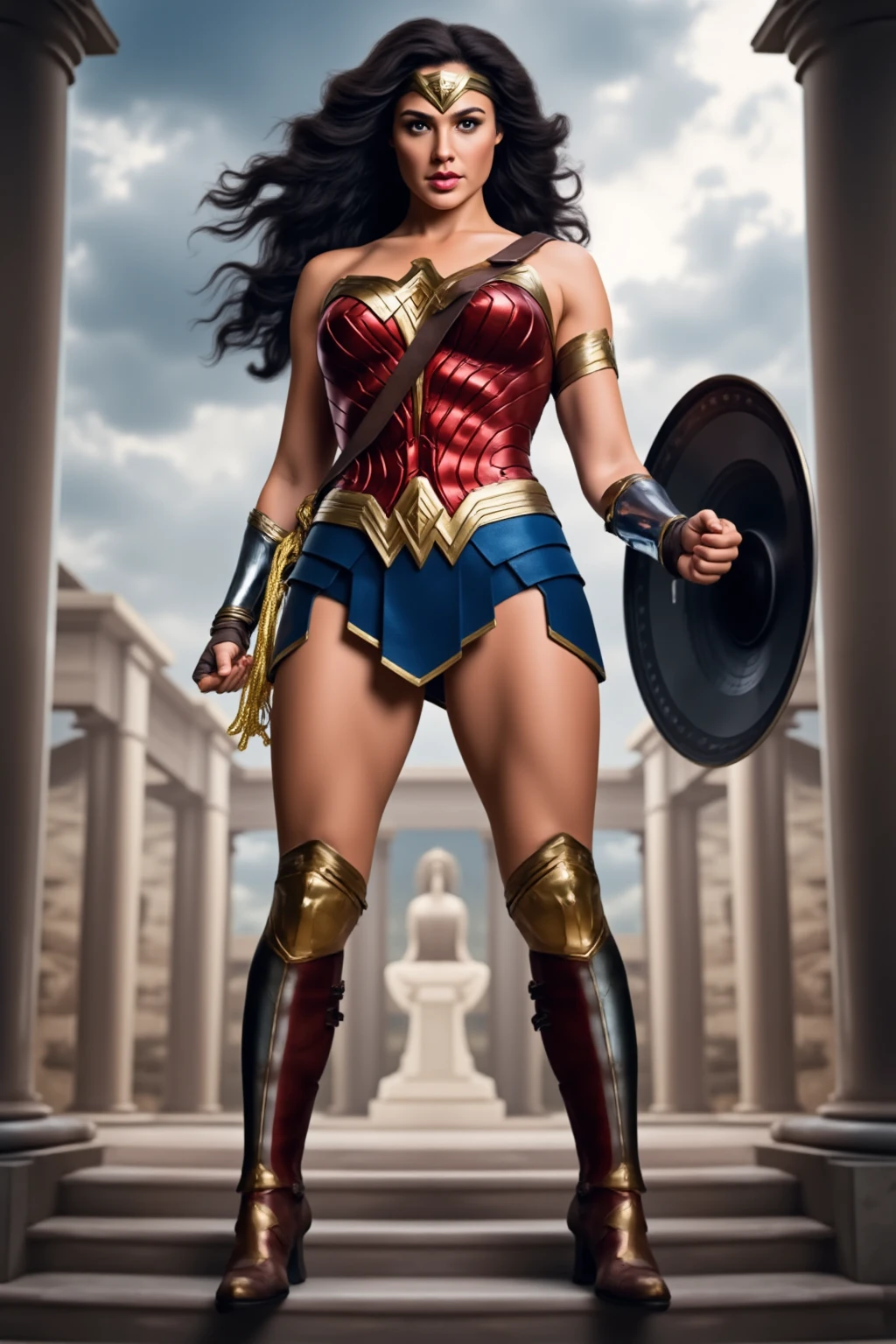 Wonder woman, Portrait photo by Altgarm, realism style, Glowing skin, Cartoon hero, Defined lips, Strong physical strength, Feminine body, Full body, viewer, Depth of field f/1.8, natta, ultra wide lens, ((Shooting from below)), (large udder:1.2), Ancient Greece, Stars in the night sky, Stadium, Rear view climbing the stone steps, Background of the Colosseum, Background of ancient Greece