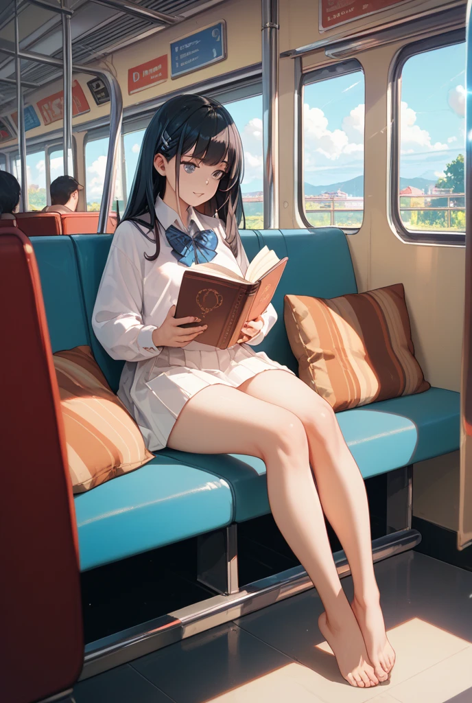 Highest quality,Highest Resolution,A student reading a book on the train,