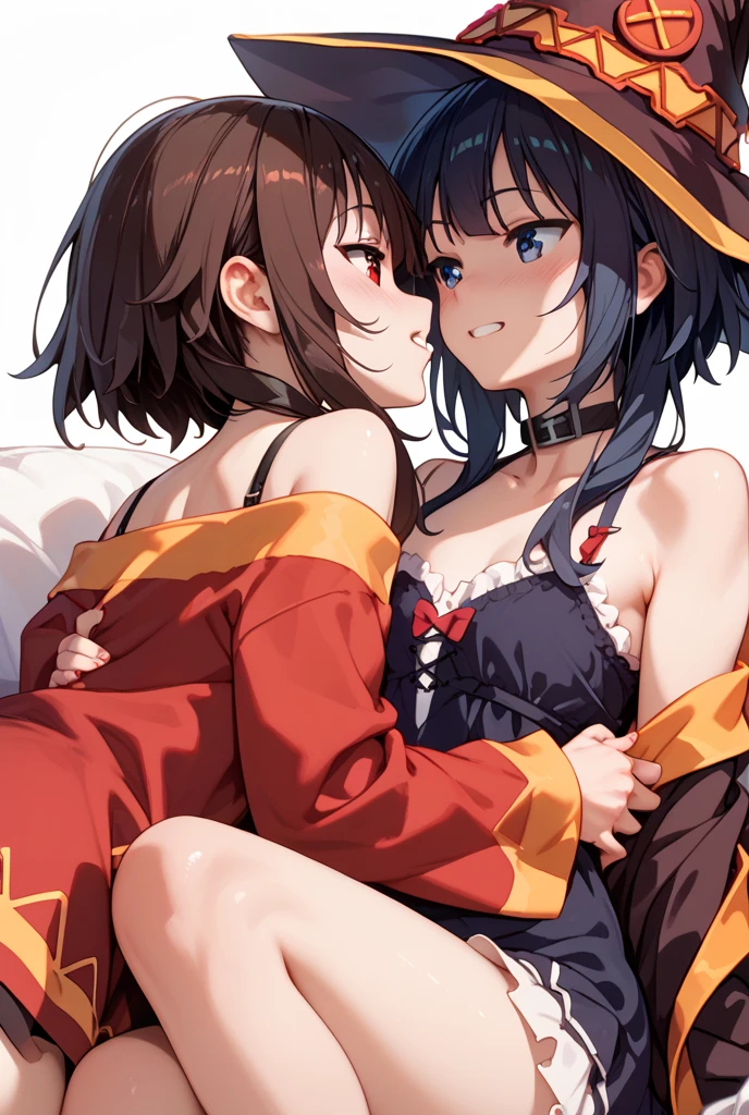 (masterpiece, Highest quality), One girl,    Yunyun,Long Hair,Braiding,Twin tails,Hair between the eyes,Red hair ribbon,hair ornaments,large round breasts,、Red Eyes、Black Hair、(blush)、Young face、(Sleeping with both eyes closed:1.2)、((White and yellow pajamas with bare shoulders and sleeves))(Lying in bed:1.2)