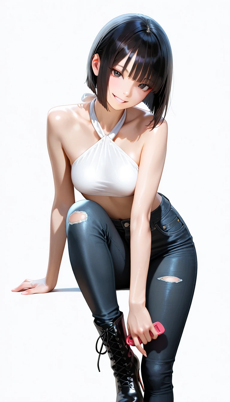 Woman, short hair, super fine face, hands between legs caressing, happy and shy expression, wearing a three-point bikini, soaked all over