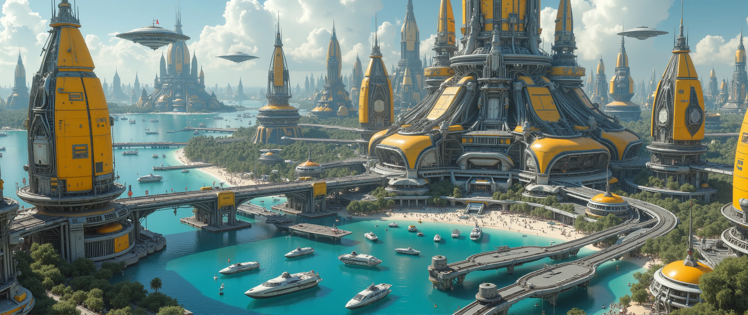 futuristic atoll country, epic oil painting    , 16 thousand.,    photo quality,   The fantasy zone  , science fiction, incredibly detailed, very contrasting yellow-blue architectural design