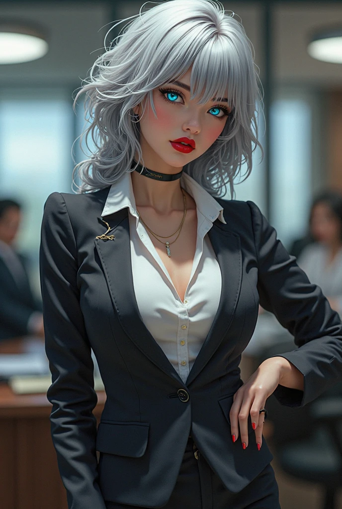 (best quality,ultra-detailed,photo-realistic:1.37),bright and vibrant colors, studio lighting, playful expression, stylish makeup ,( business Jacket ) ,Silver hair flowing in the wind, alluring eyes, glossy lips, sexy pose, ,posing for a professional photoshoot ,shallow depth of field, highlighting the main subject, soft natural lighting ,creating a dreamy and magical atmosphere. ((very small breasts )),weak unhealthy ,(((very thin))) excited