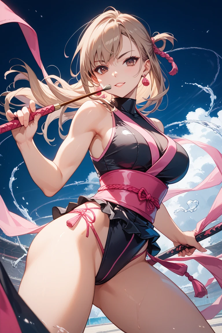 Best quality,Amazing,Masterpiece,Delicate,超高分辨率,Ultra detailed,intricately details,Beautiful detailed,8K resolution,(Extremely detailed Cg Unity 8K wallpaper),Sharp focus,((No text)),breast conscious,gigantic cleavage breasts,Areola Slip,Covered,Bursting breasts,Lively breasts,framed breasts,High transparent gauze light pink mini bikini,High transparent gauze light pink mini bikini,High transparent gauze light pink mini bikini,Tongue stock,Makeup,cheerfulness,Reflectors,ahegao,Pink eyes,Heart earrings,1,Solo,Female pervert,view the viewer,hair flower,Long hair,multicolored hair,Shiny hair,Barefoot,Bottomless,Thick thighs,Bare legs,Thighs open, Thighs open