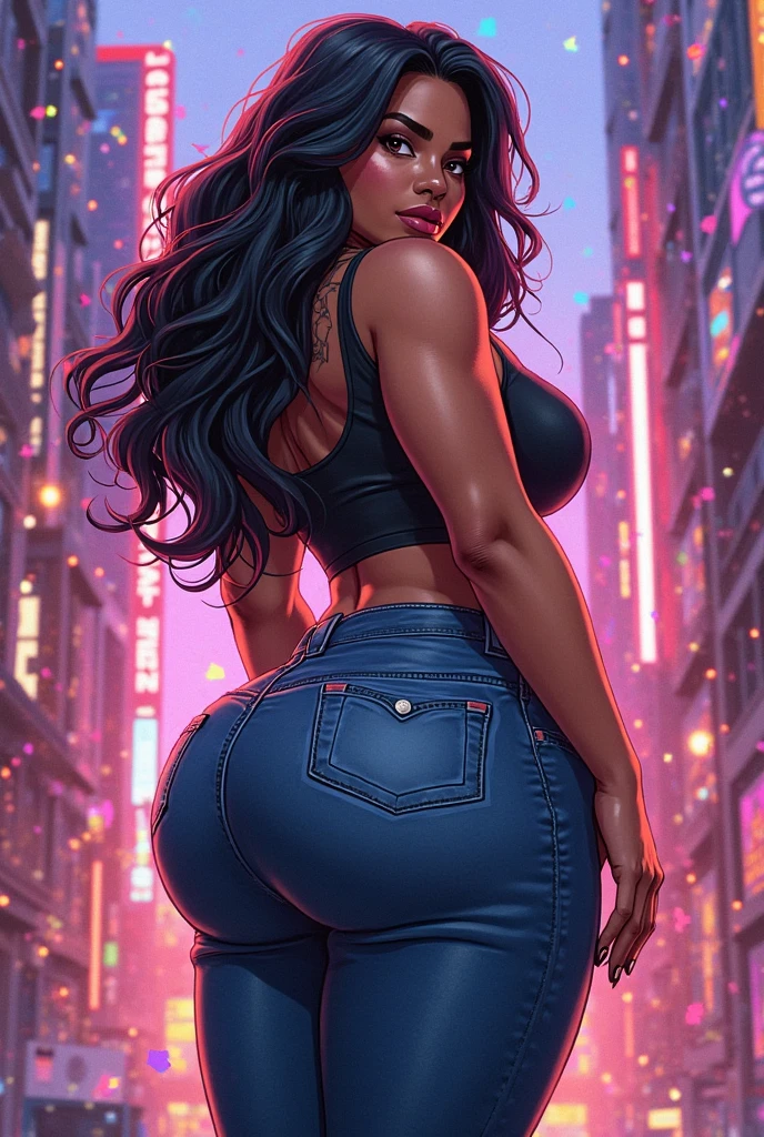 black woman with sexy curly hair in a cap with big breasts and ass wearing a white tank top and shorts perfect eyes