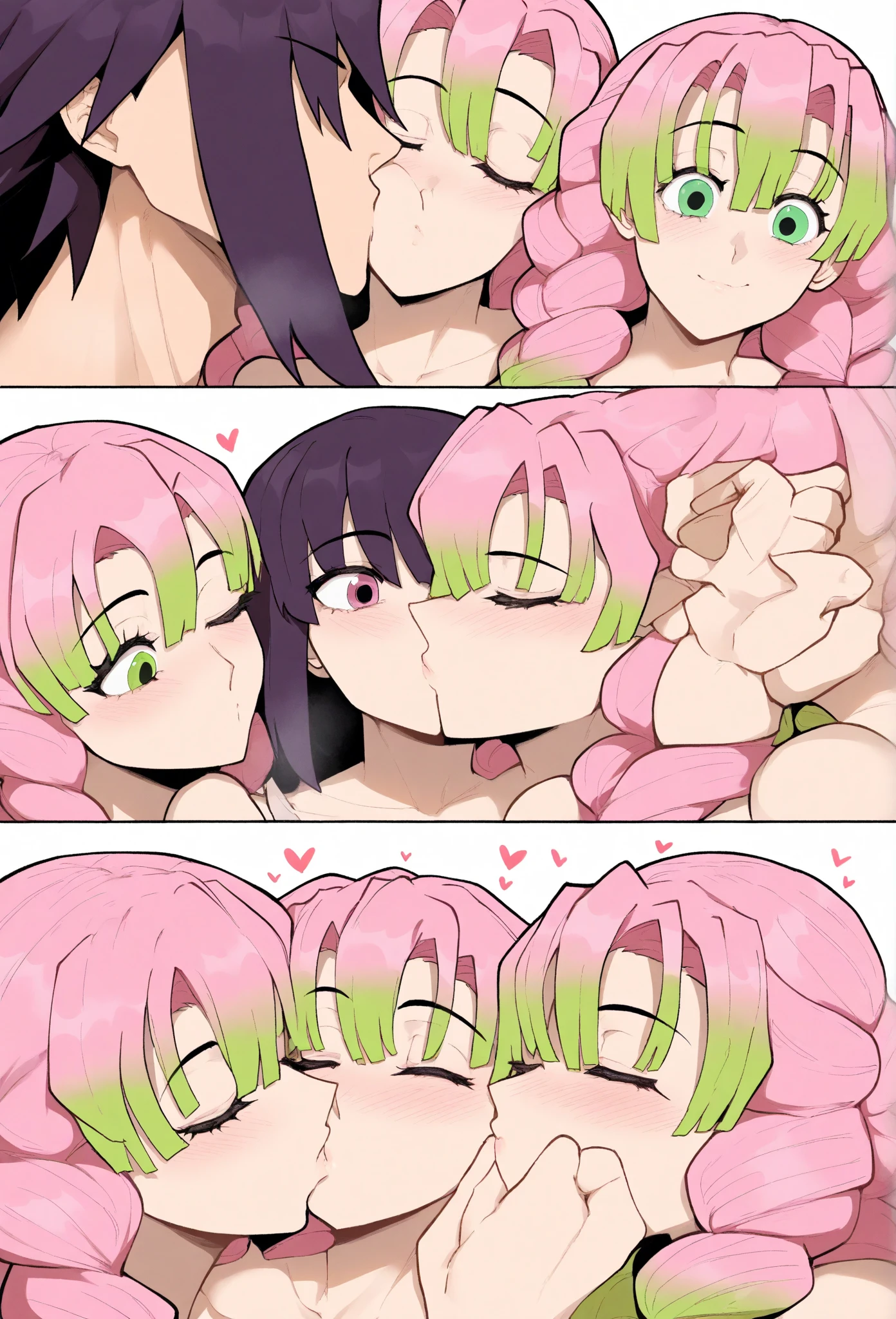 masterpiece, lots of detail, 4k, 8k, ((ultra-detailed)), highres, soft lighting, 2girls, 1boy, living room, kissing, sex, hand on penis, stroking, erection, cum, blush, {green hair|red hair|multicolored hair|white hair}, {curvy|petite|slim|chubby}