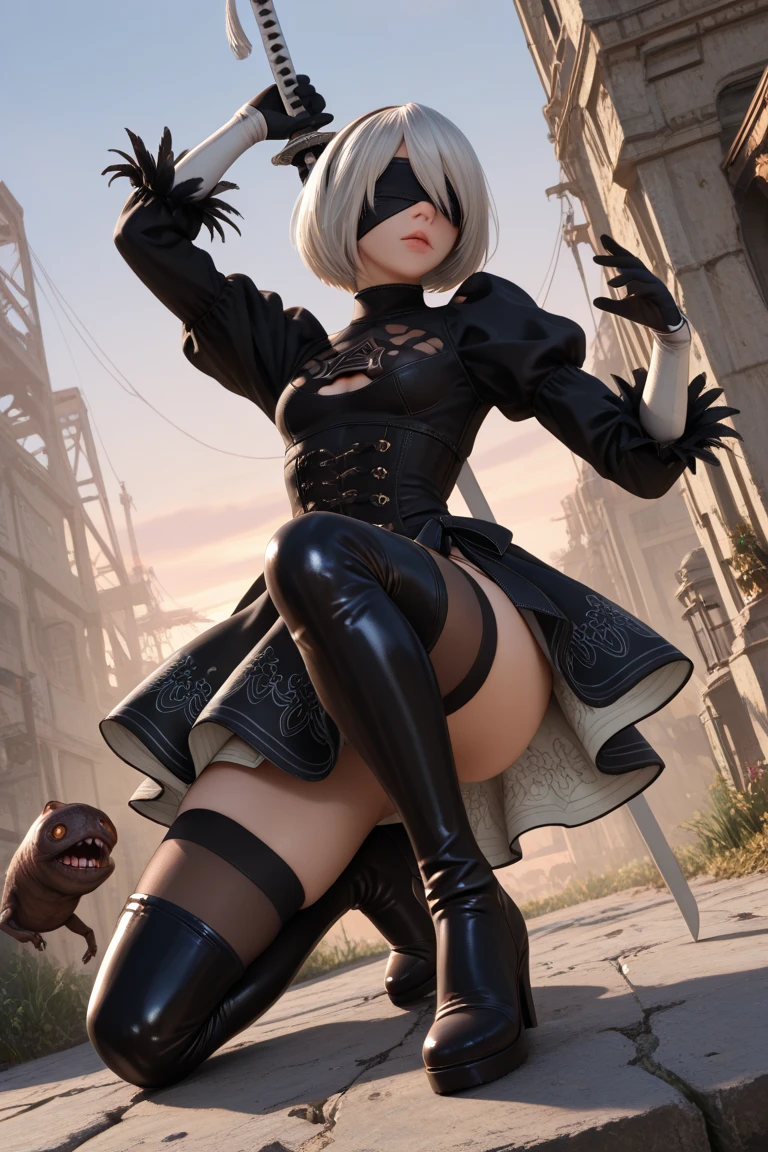 1girl,18yo,good anatomy, masterpiece, best quality,realistic, hyperrealistic, 16k hdr,,(NieR:Automata,2B),(black blindfold:1.5),(black hair band,choker,White High Leg,thigh high boots,Blake Black Skirt,black thigh high socks,Knee-high boots,Cleavage cut,cutting of clothes,high heels,long sleeve),bob cut,silver hair, large breasts,cameltoe,from below,dynamic pose,spread legs