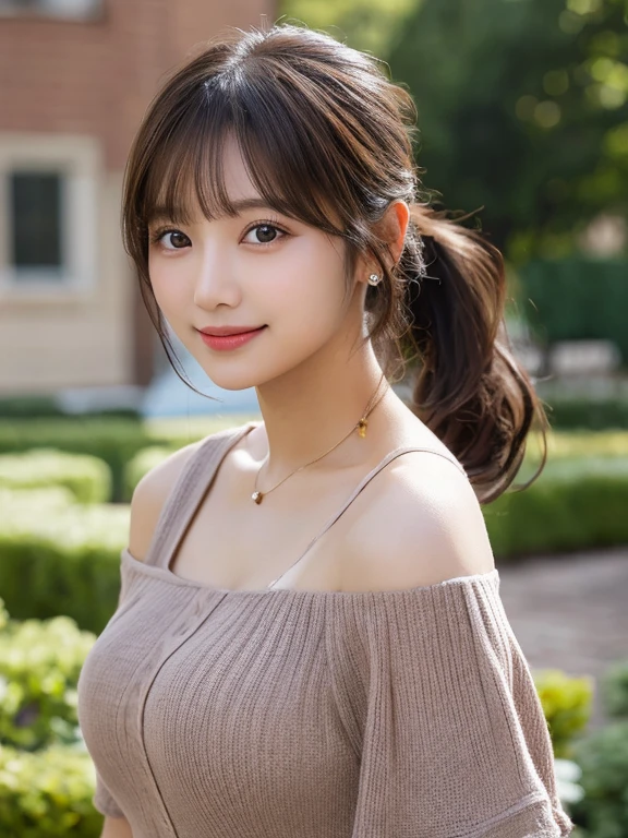 solo girl,stand in the park,casual summer knit dresses,(flower hair ornament,Braided top knot,Twisted side part ponytail braided headband,half up、Braided Space Van,voluminous fishtail braid,Twisted pan),(The bangs are see-through bangs),(((emphasize the chest:1.3))),(dynamic angle),(dynamic and sexy pose),(lean forward:1.3),(((a majestic statue))),Disturbance of clothing due to movement,Breast flick,hairpin,necklace,earrings,Beautiful woman,.perfect face,With a round face,(A smile that makes people happy:1.7),big and full breasts,,intricate details,very delicate and beautiful hair,realistic,dream-like,realistic shadow,focus only,beautiful hands,beautiful fingers,Detailed functions of fingers,Detailed features of the garment,Detailed characteristics of hair,detailed facial features,、(professional lighting),(Photoreal:1.3),(RAW photo.),(highest quality,Ultra high resolution output image,) ,(8K quality,),(Image mode Ultra HD,)