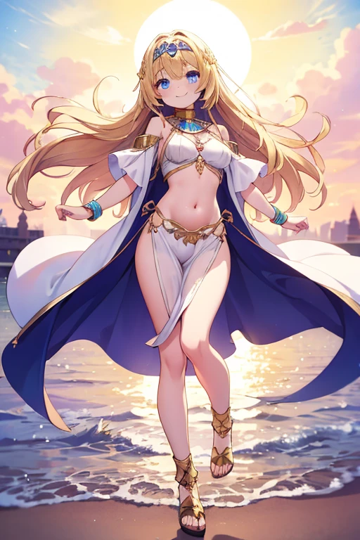 masterpiece, best quality, sand background, full body, laying on sand, windy, happy, smile, tiara, elbow gloves, thighhighs, veil,  <lora:EgyptianClothes:1> egyptian clothes, <lora:illyasviel_von_einzbern_(fate_kaleid_liner)_v1:1> aaillya, long hair, two side up, hair ornament, small breasts,