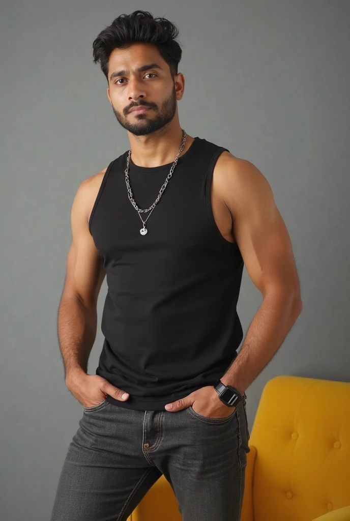 Wearing a black T-shirt bordado con aguila and black jeans, handsome muscular man with a little beard, piernas fuertes y musculosas, gran bulto, wearing a golden watch on his left hand, with his right hand in his pants pocket, white light background , studio lights, masterpiece