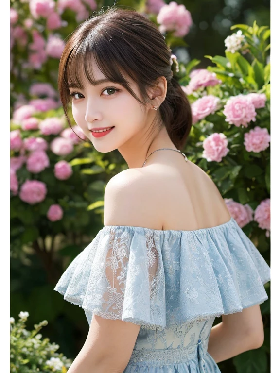 リアルな写真image quality、８ｋimage quality、A Japanese woman in her fifties wearing a sheer pale blue short dress, Beautiful legs sticking out from the dress、beautiful young japanese women, gorgeous young japanese women, Beautiful Japanese girl face, Beautiful girl model, Japanese Model, Cute and elegant pose, Beautiful model girl, Cute young woman, Elegant Japan Woman, smile、Stroll along forest paths、Slightly larger breasts、Professional Lighting、Her medium-long hair flutters in the wind.、Showing hands, knees, feet and a cute face