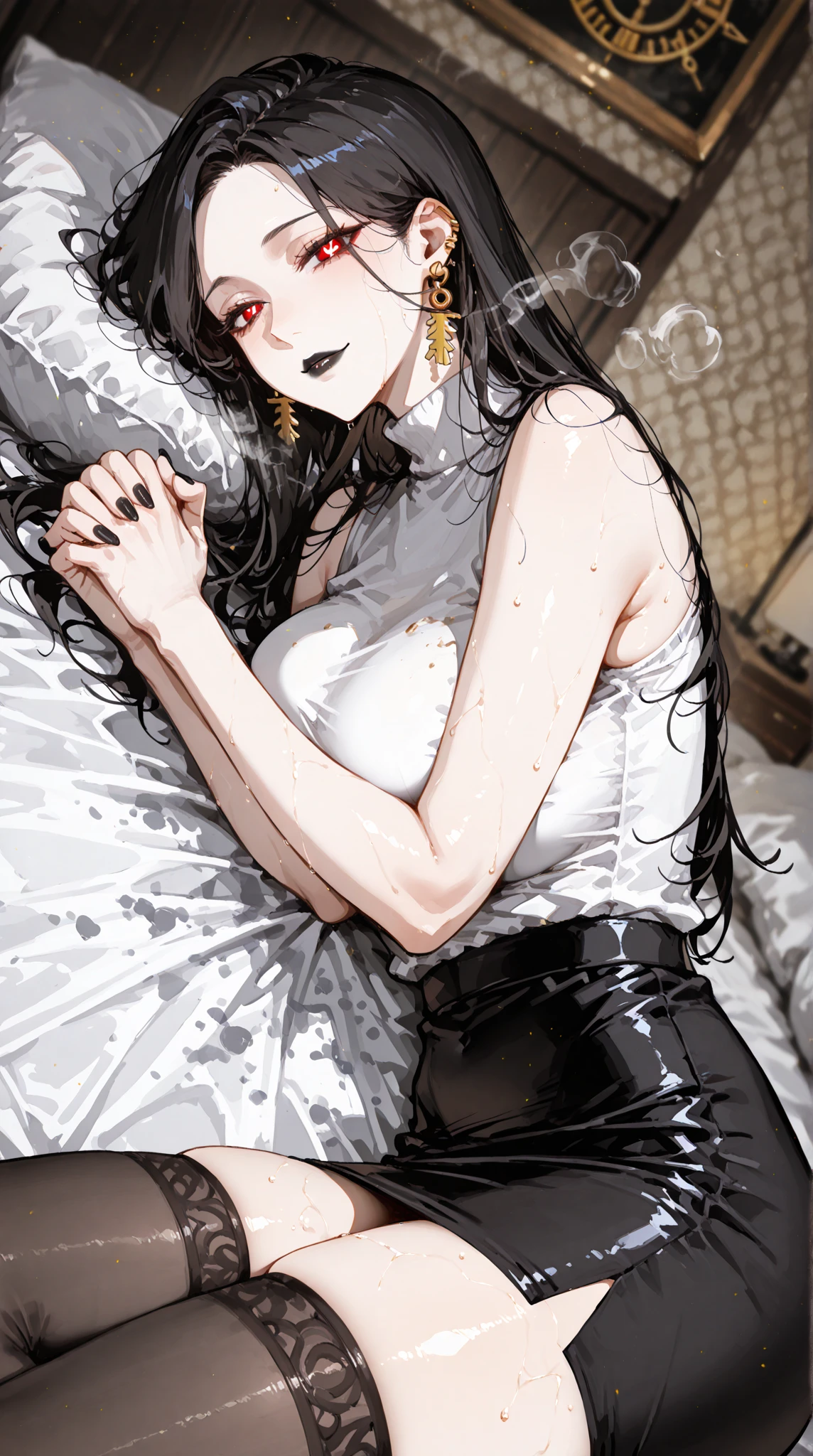 <lyco:epeulu-NAI-LyCORIS:0.9>, greyscale, monochrome,
1girl, solo, lying on bed, on back, arms behind head, wearing pajamas, very long hair, flowing hair, sleeping