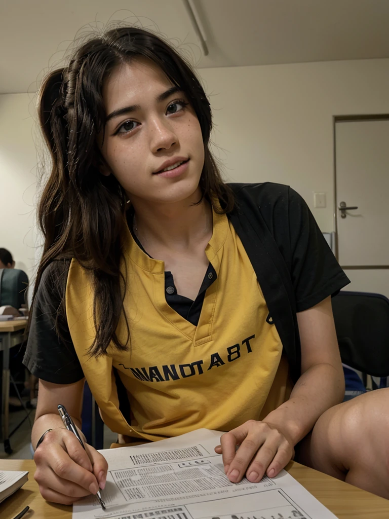 Beautiful Indonesian girl, in a high school student uniform, sitting astride, opening her skirt, shirt buttons open, big breasts out, while playing with her vagina, white oil seems to stick around her vagina, orgasmic expression on her face, seductive face, wet skin, wet face, located in the classroom,. there seemed to be several naked old men, in the classroom,