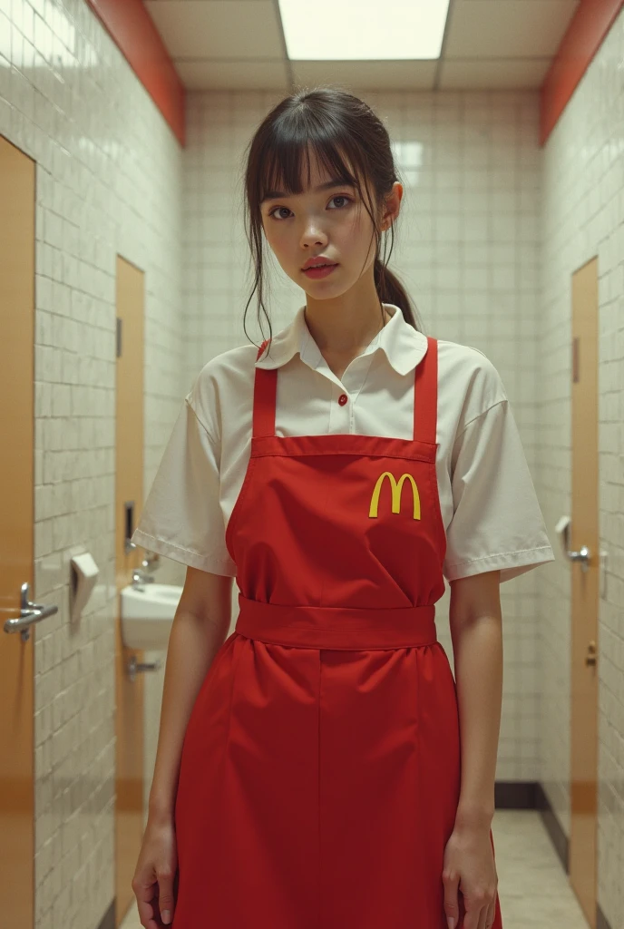 1girl, alone, big breasts, (depth of field: 1.1), (realistic, photo-realistic: 1.37), girl in fast food care dress,carrying a hamburger tray,sad face, perspective from below