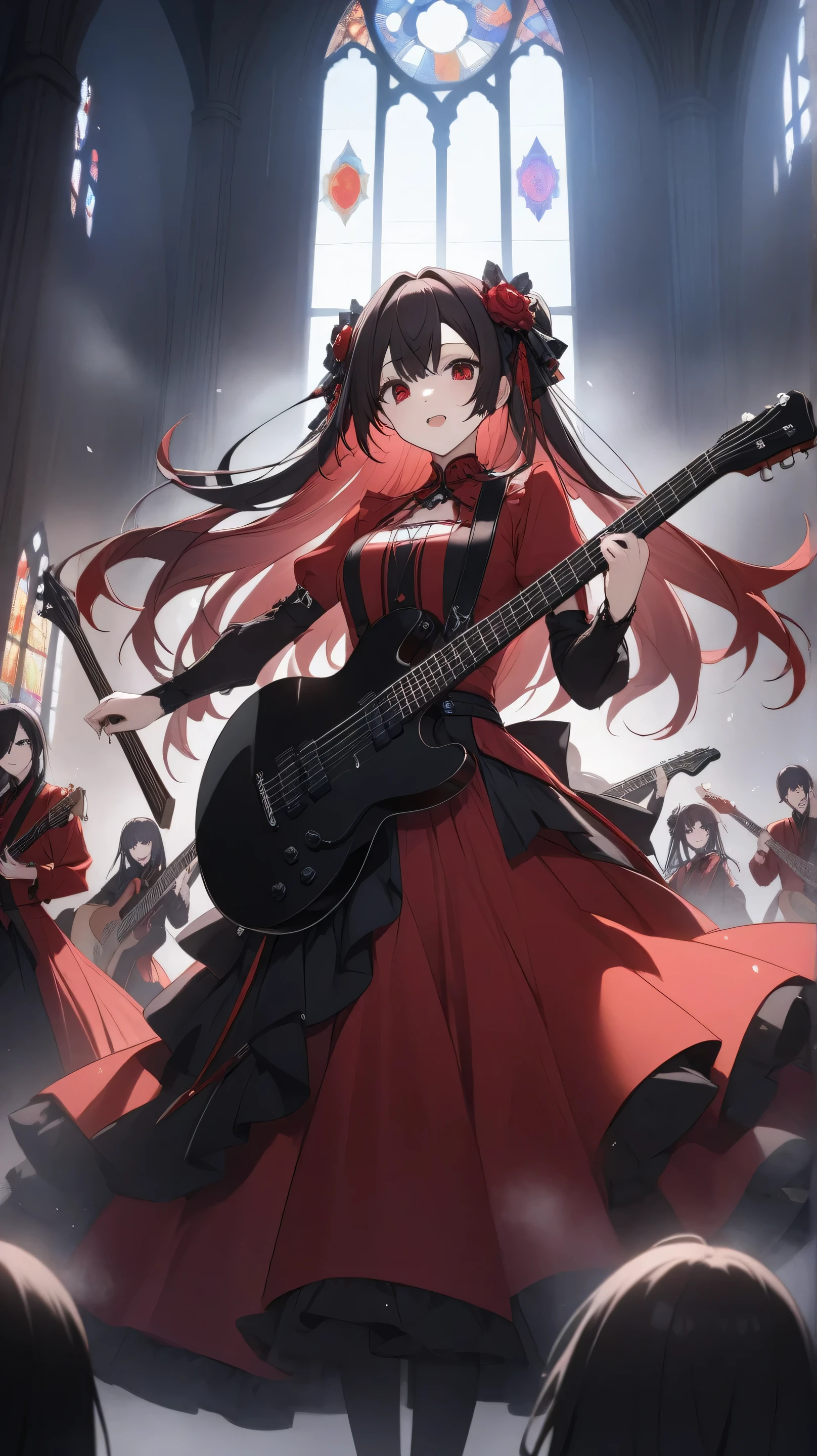 A Japanese anime that enhances the world view of the song {x} A Japanese anime that plays a gothic rock ballad Fantastic video of a girl band。The stage is a majestic gothic hall、A guitar has 6 strings、moonlight shines through stained glass windows。The members wear elegant black and red costumes、dramatic performance。dark haired vocals with rich emotion、melancholic guitar solo、Heavy bass line、mystical drum rhythms harmonize、Overwhelming the audience。 fog drifts in the background 、The members wear elegant black and red costumes。