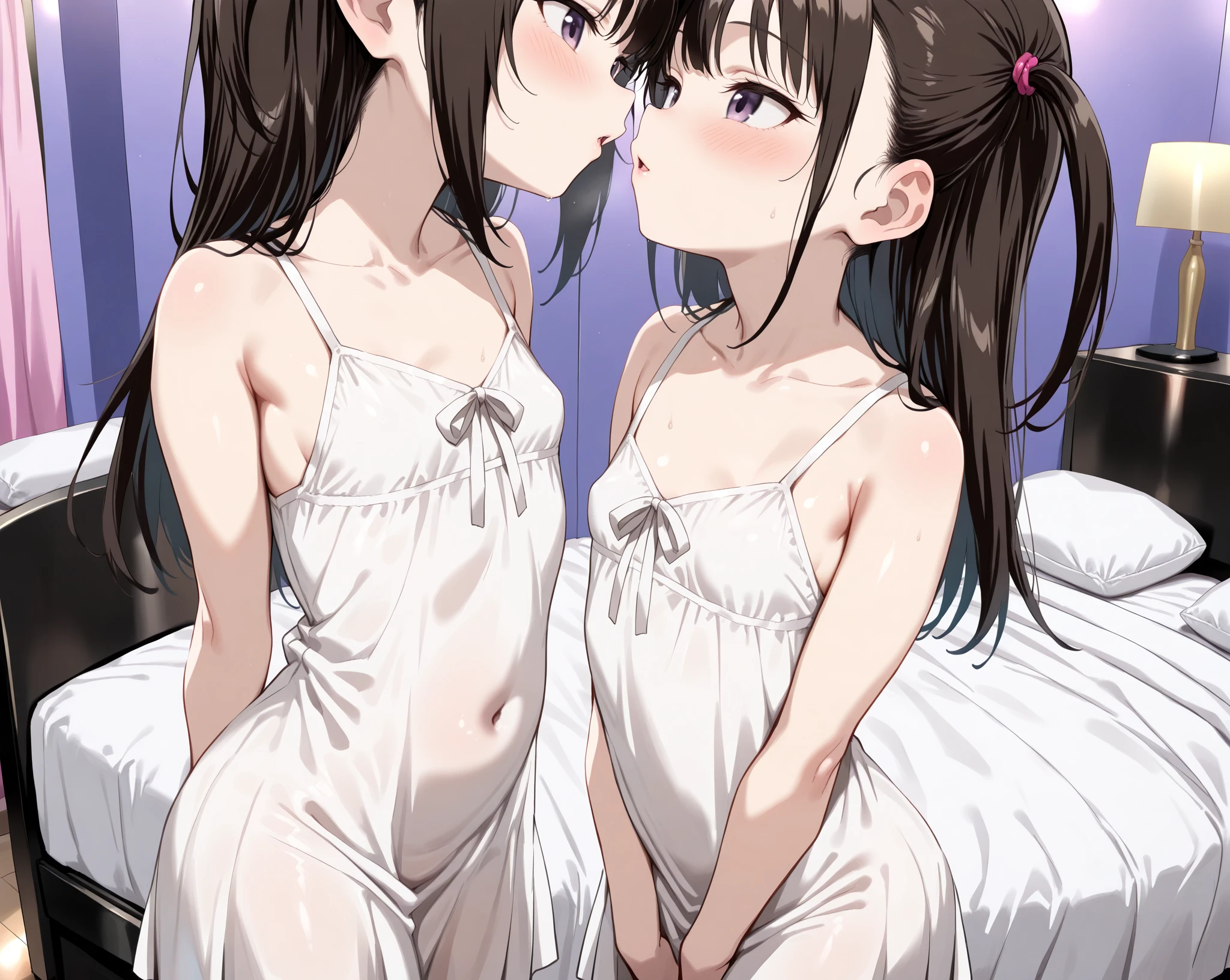 Hands Behind Back,Tied with hands behind back,from front,front view,looking at viewer, looking ahead,from above,cowboy shot,2girl,two people standing side by side,Beautiful 11 year old girl,Japanese,Slender,,low length,Small breasts,Thin legs,Small Ass,Baby Face,Small face,Black Hair,Row Twin Tails,Short Twin Tails,Drooping eyes,middle School girls,Sheer black and pink negligee,Sexy Lingerie,open mouth,tongue out,front face,Kneeling,Straight Stand,Beautiful and detailed anime art,Frightened expression,Sexy vibe,cum on tongue,Dimly lit room,On the bed,Simple Background,Gray background,Low lighting,