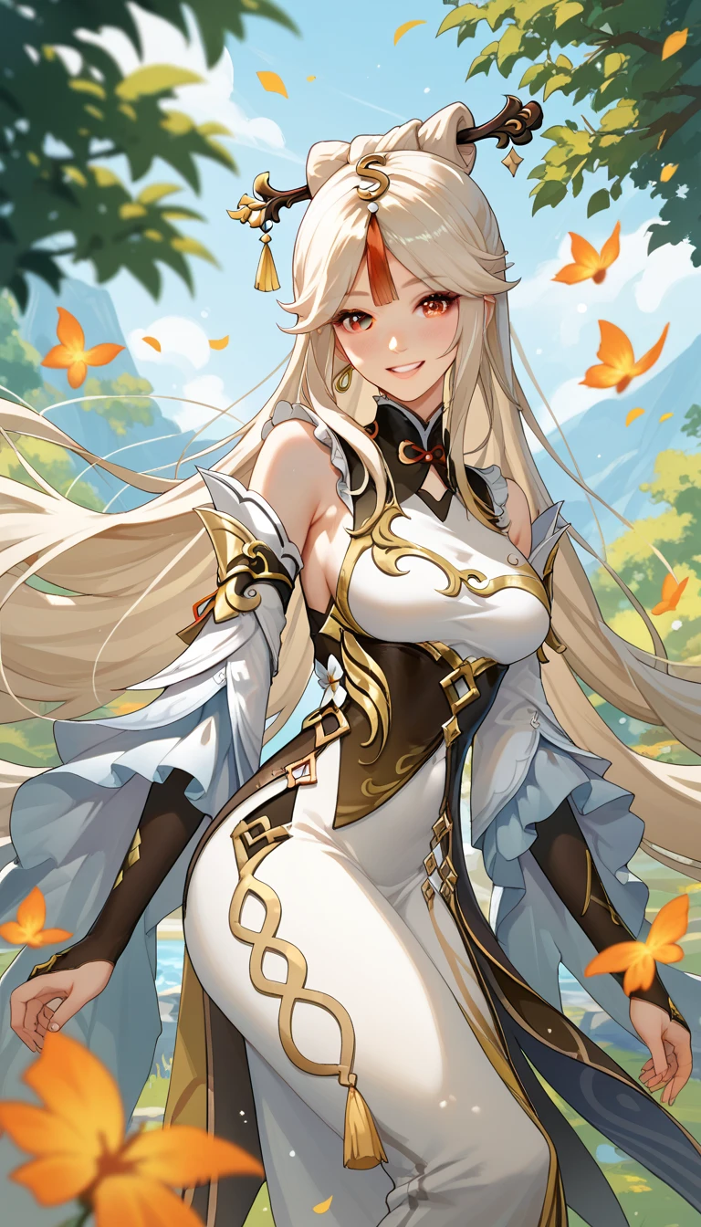 1girl, solo, (from below:1.5), close-up:1.2, red eyes, tassel, nipple slip, (mature female:1.3), hands on hips, gigantic breasts, plump, fat, bare shoulders,forest, fantasy, black gloves, blonde hair, china dress, chinese clothes, detached sleeves, dress, smug, smirk, grin, looking down, ((unparalleled masterpiece,best quality, ultra detailed:1.2)), incredibly absurdres, 8k, <lora:ningguang:0.7> ningguang \(genshin impact\),