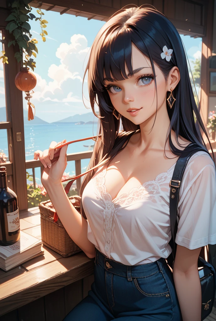 masterpiece, highest quality, One Girl, Thighs, beautiful girl, Flowers, たくさんの小さなflowerびら, flower、Small waist, RAWphotograph,Bright lighting、Face Light, Dynamic Lighting, Ultra-realistic, High resolution, photograph, Sharp focus, Highly detailed eyes and face,Symmetrical face, whole body、Large Breasts、Long Hair、チラリと見えるThighs、Deep valley、Beautiful cleavage shorts、A skin-tight white shirt、boots