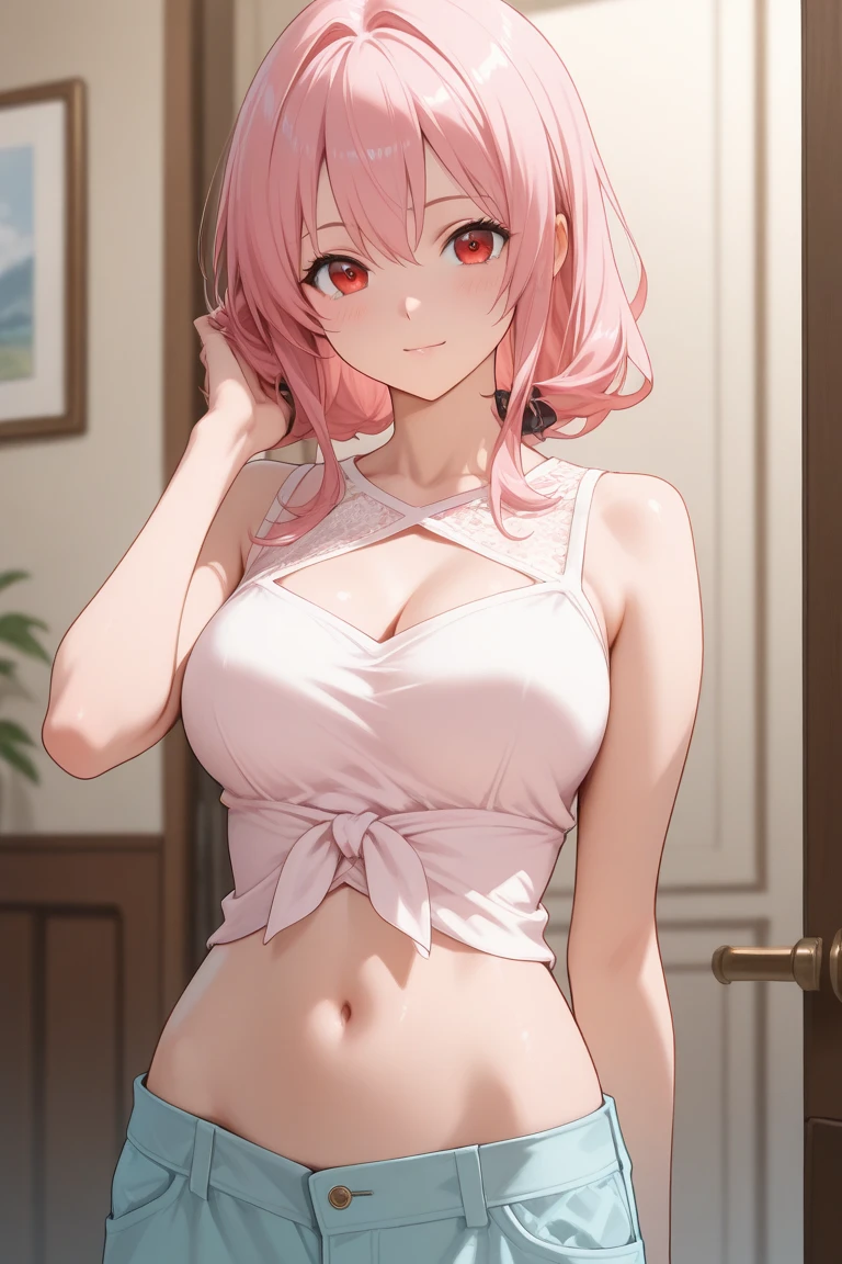 A pink-haired girl with her upper body exposed, exposed, exposed breasts, red thin strap tank top (without bra), pulled so tight, slim waist, slender abs, (white legging cant barely hide sexy curve), toned hips