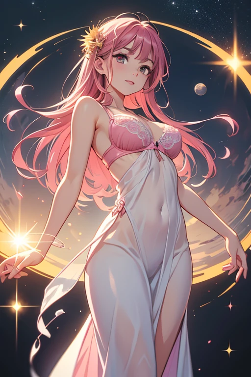 Highest quality、Very delicate and beautiful、Very delicate and beautiful、(Beautiful eyes)、Pink Eyes、I、I、、 、Japanese、、Chiquita、(armor)、(Blonde)、((Pink leotard))、(High leg)、Tiara on head、Laughter、standing、Look forward、((The background is outer space))