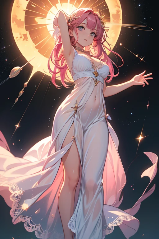 1 woman, princess, female saint, long hair, light pink hair, golden eyes, ,beautiful face, Slender legs, round hips, naked, fantasy backdrop, Holy Temple,