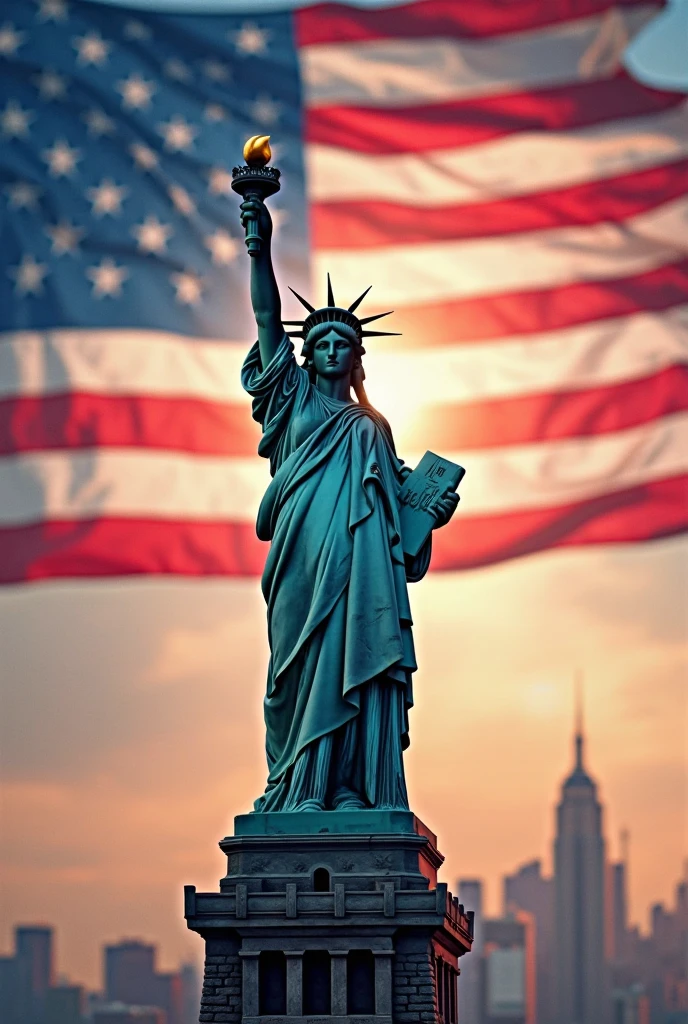 Statue of Liberty with the American flag behind it and holding tacos 🌮