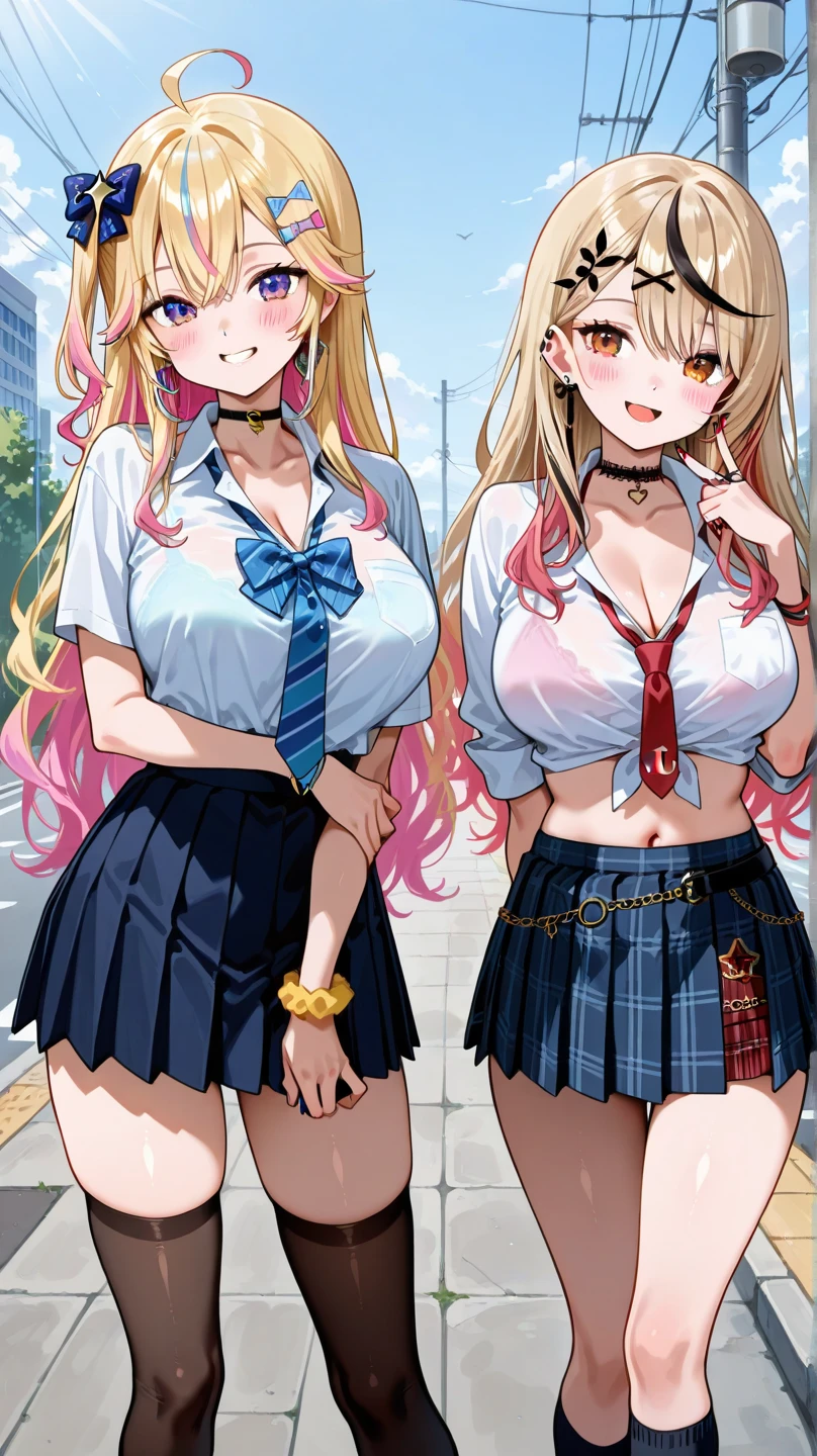 girl,happy,(gyaru),((2girls)),((((open clothes,))))(school uniform),large breasts,