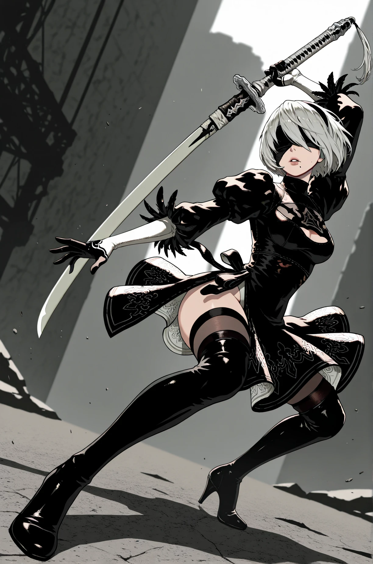 [n_2b], [nier automata], ((masterpiece)), ((HD)), ((high res)), ((solo portrait)), ((waist up)), ((back view)), ((low angle view)), ((detailed shading)), ((intricate details)), {(beautiful woman), (slim figure), (short white hair), (small breasts), (curvy hips), (beautiful legs), (lush lips), (blank expression)}, {(black dress), (white leotard), (black blindfold), (black hairband), (opaque black thighhighs), {(standing), (dynamic pose), (wieldimg sword)}, [ambient lighting, ruined city, grey sky]