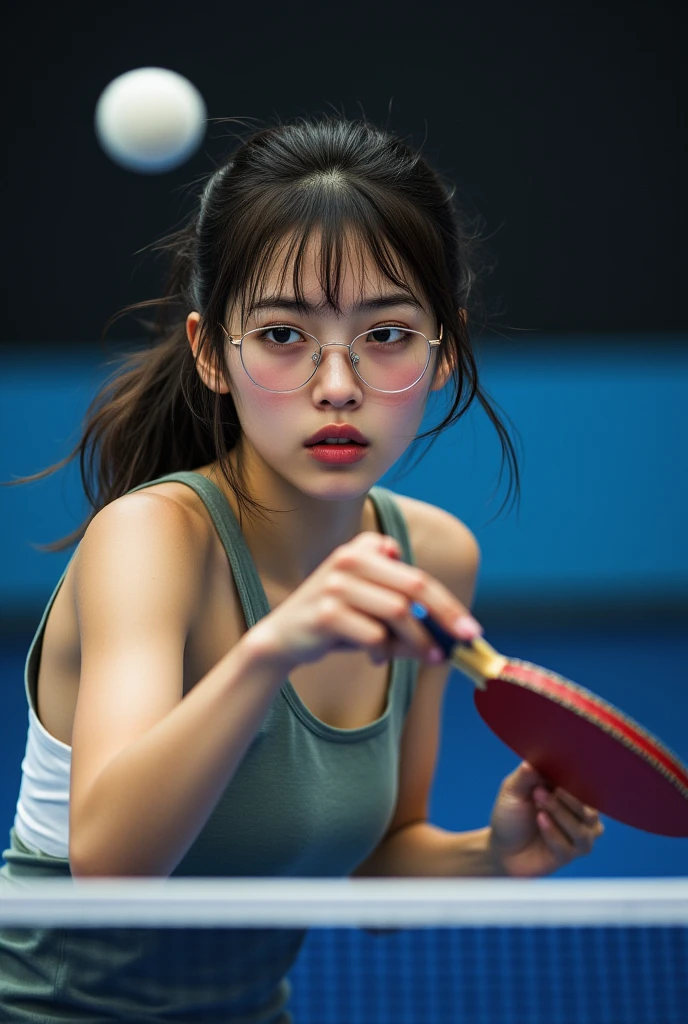 ((top quality、masterpiece、high sensitivity、high resolution、detailed depiction、delicate facial depiction、Ｆvalue：6.0),((Slender Woman、wearing glasses)),At a table tennis match、Decide to Smash 、