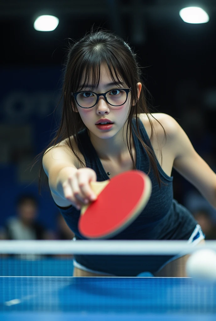 ((top quality、masterpiece、high sensitivity、high resolution、detailed depiction、delicate facial depiction、Ｆvalue：6.0),((Slender Woman、wearing glasses)),At a table tennis match、Decide to Smash 、
