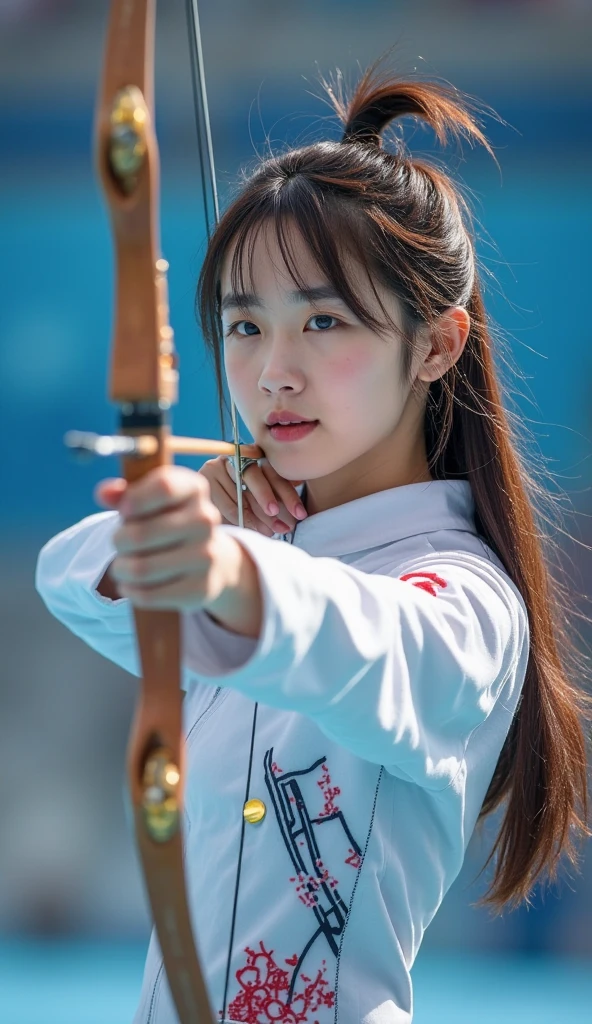 Women's archery at the Olympics,Korean team,18-year-old beauty,Delicate facial features,cute,White skin,Long hair,full-body shot,Panoramic vistas,Wide-angle lens,Olympic Games venue,Professional equipment,Focus,Ten rings,Olympic competition background