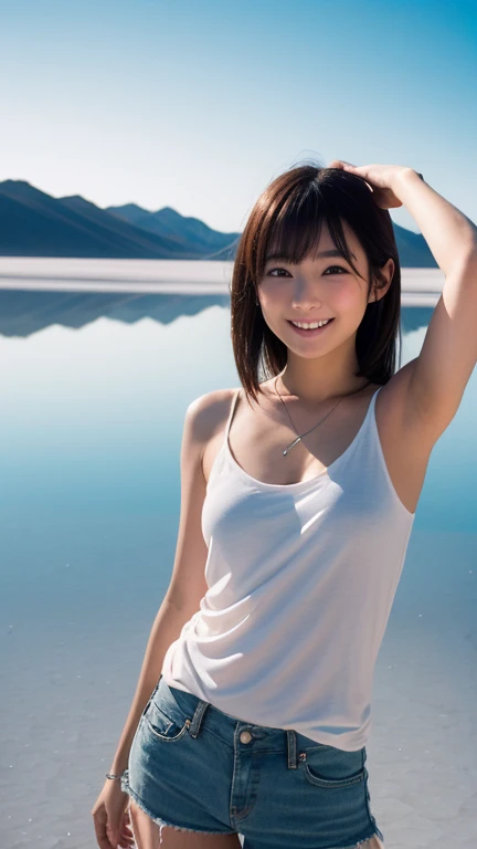 16 years old,high school girl,Black Hair,bangs,ponytail,Hair blowing in the wind,Straight hair,Dark Eyes,Small face,Young Face,Clean your eyes,Small Mouth,thin,Young Face,Flat chested,Flat chested,Flat chested,Small breasts,Small breasts,Small breasts,Realistic photos,8k,Mouth slightly open,Ultra HD,whole body,Pure girl,grassland,blue sky,whole body,,White tank top dress,summer,smile,Showing teeth,Back view,look back,Butt