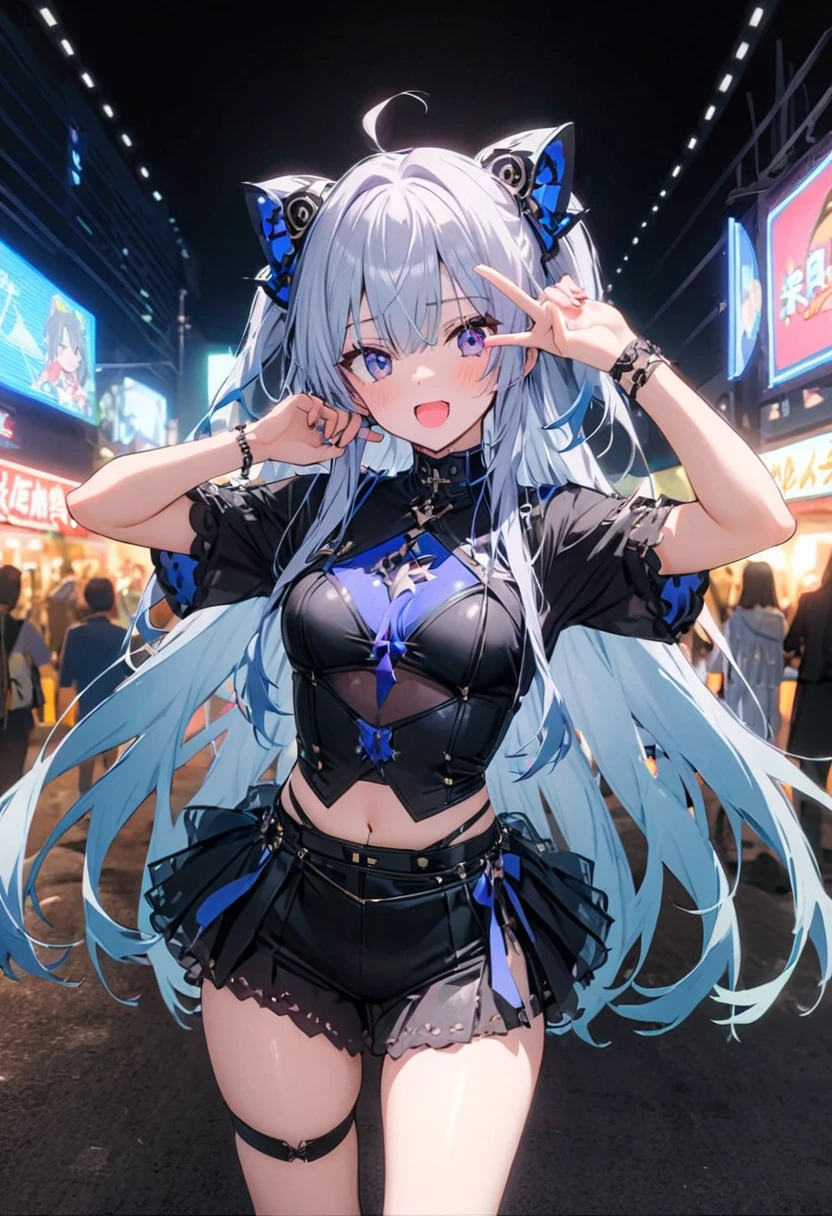 high angle,from above,cleavage,(1girl),solo,(Raiden Shogun in Genshin Impact), ((masterpiece, highest resolution,best quality)), (beautiful illustration),(semi long beautiful dark blue hair),(beautiful blue eyes), (white beautiful elegant summer mini dress), innocent smile, white over-kneehighs,
Lace chalker, diamond necklace,wristband, fingerless gloves, earrings, windy,cinematic lighting, night, neon,entertainment street,