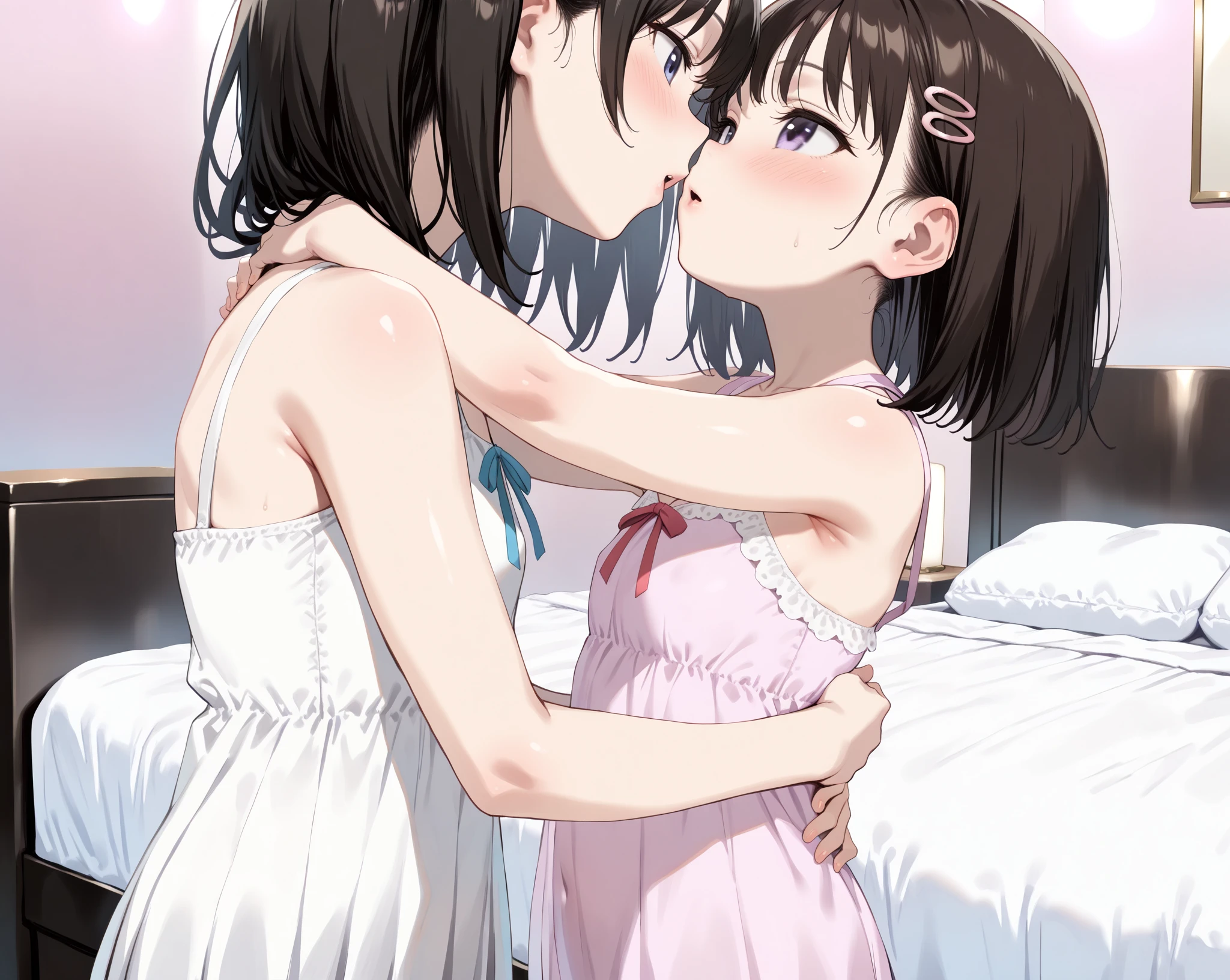 On the train, a molester is kissing the breasts of a topless girl with a checkered skirt, short black hair, small breasts, and who is crying in disgust.
