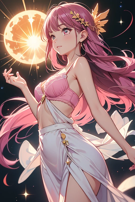 A girl in a pink long dress, long pink hair, arms outstretched, beautiful celestial magician, heavenly goddess, sun goddess, sun goddess, galaxy goddess, anime goddess, sun themed outfit, sun fairy, astral witch outfit, space-time goddess, hunting and sun goddess, space goddess, pink lace bra, red eyes. foot detail, hand detail, finger detail. Best quality, high resolution, Unity 8k wallpaper, (illustration: 0.8), (beautiful eyes and detail: 1.2), graceful facial features, perfect lighting, polished CG, (perfect hands, perfect fingers, perfect arms, perfect anatomy)