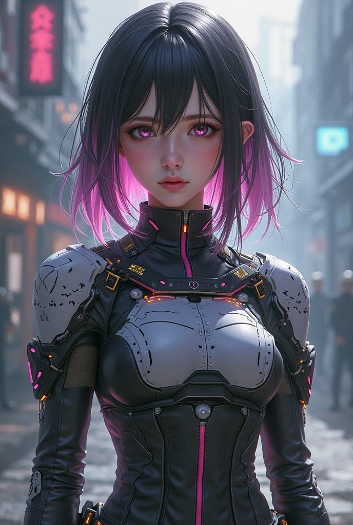 (masterpiece, Highest quality, 8k, Sharp focus, Depth of written boundary, Best Shadow, Perfect lighting, High resolution, Realistic skin texture, Highly detailed background), Anime Style, Long Angle Shot, ((Cyberpunk Theme)), alone, 1 female, She's a mercenary, (Green Eyes, White skin, Black hair ponytail, choker, Small breasts, slim, compensate, eyeliner, Gloss), She works in a futuristic Korean city., Gripping the Tech Katana firmly, night, null, Waning Moon, Wearing a nice technical jacket and leather pants.
