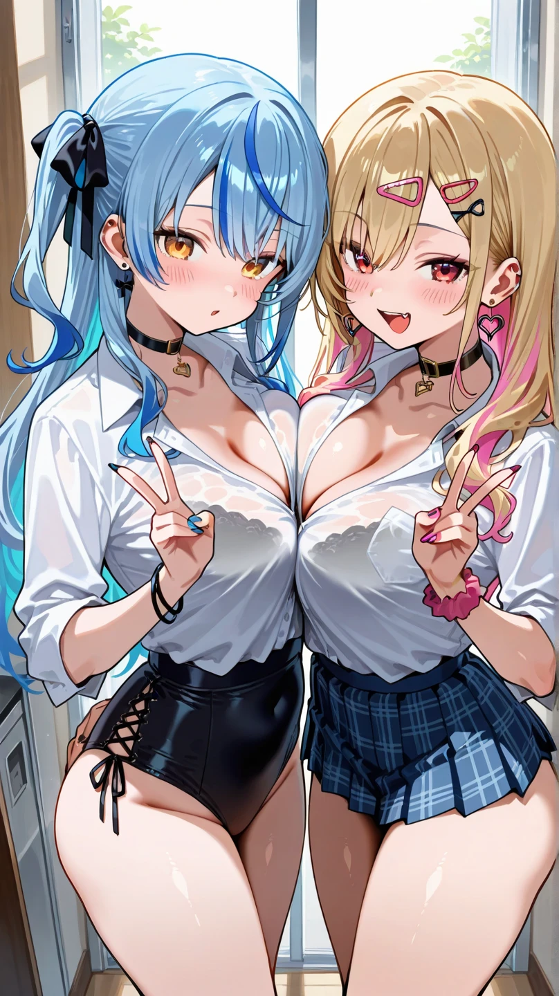 Masterpiece ,Top image quality,hight resolution,imagem 4k,Raw photo,Photorealsitic,extremely beautiful 2 hi-school girl kissing each other, friends, naughty face, blushing , extremely beautiful lesbian deep kiss, stare each other closely, white high Sox, white garter belt, exposures breasts and nipples, perfect small breasts, topless, See-through panties, red cheek, deep blue eyes color , top less , colorful hair, beautiful butt