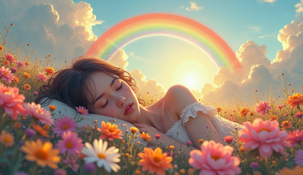 A stunningly woman, surrounded by a dazzling array of rainbow hues and stardust, reclines gracefully amidst the fluffy clouds in the sky. Bathed in dynamic and enchanting lighting, accentuates her vibrant, full-bodied form. Fantasy art. Masterpiece