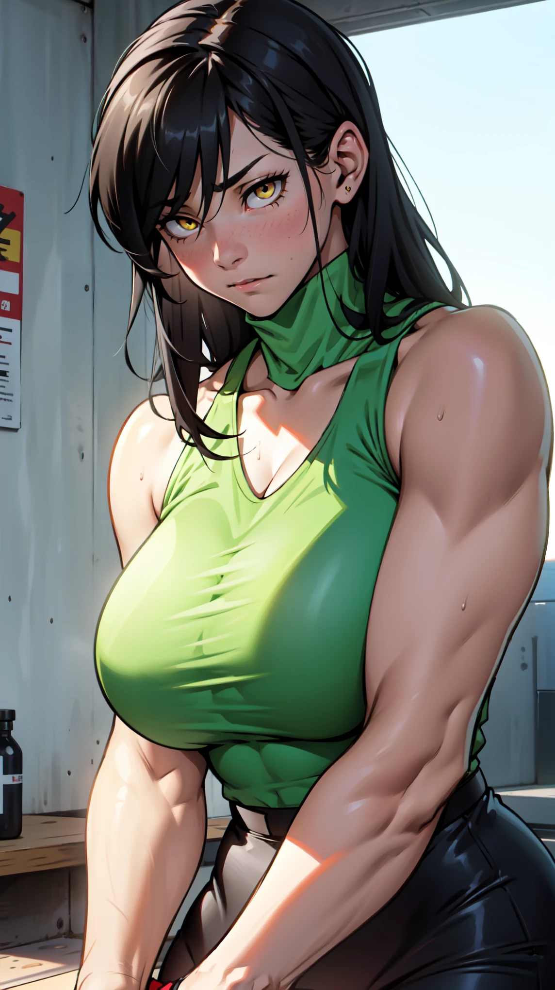 アニメ cel-shading Shehulk, bikini, on the beach in ((anime + manga + comics + cartoon) style)