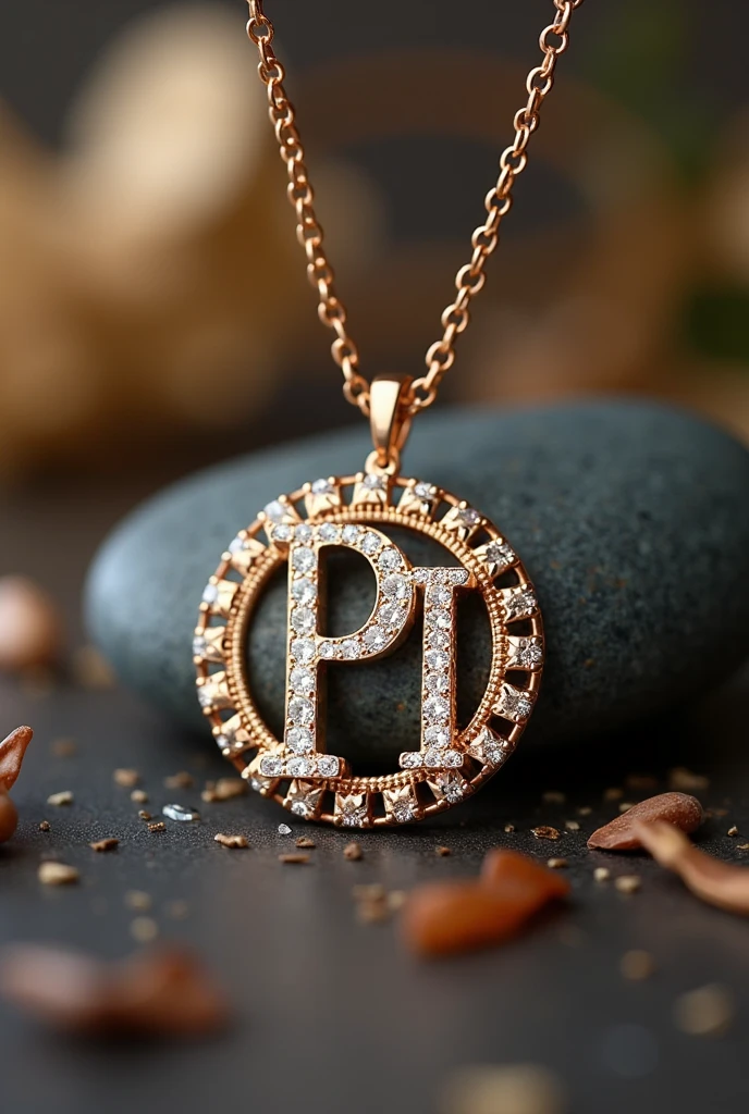 write letter q and p  on necklace by diamond holding by girl hand golden and only show girl hand 