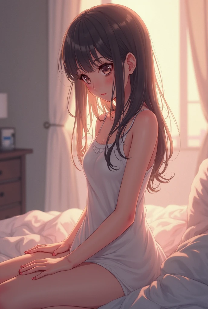 A beautiful girl, no clothes, sitting on the beds, nude, naked, face anime, big breasts