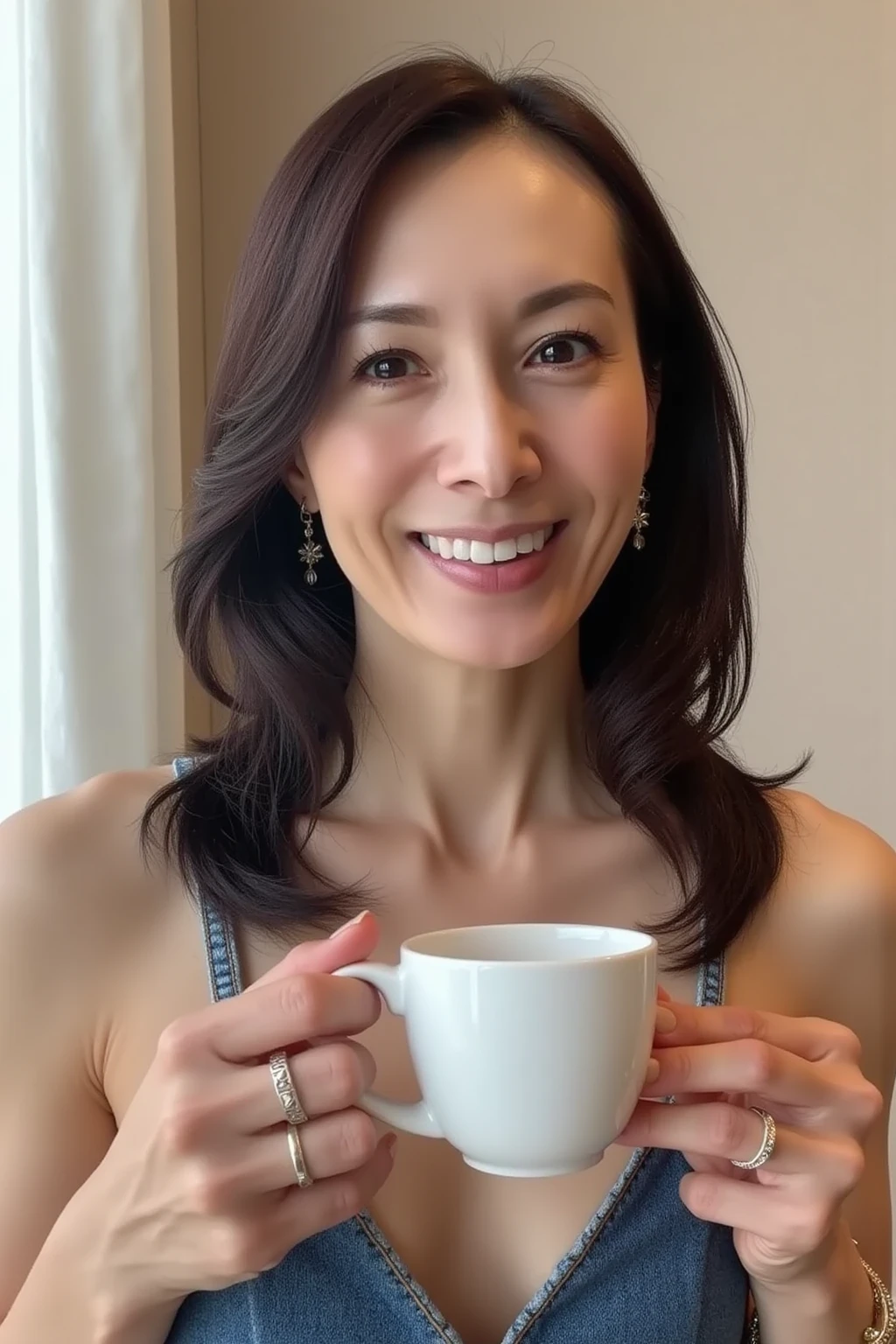 a full portrait of a beautiful bionde幾乎半裸 in black tank top,, In the profile, Smile, on she's bedroom,holding a colorful mug. Her hair is brown and curly., Pale green eyes, She has some wrinkles on her face, Large bust, plump, Large Breasts, bionde, Beautiful Body, with a Large Breasts, 一位美丽的bionde, SFW Big , bionde-haired British female breasts, bionde goddess, Full breasts, , Her breasts, 40-year-old female, bionde, cleveage, Big breasts, Large Breasts!, straight blonde hair, About 3 to 5 years old, Her tanned skin is dotted with a row of exquisite freckles, Lightly sprinkled on her cheeks and nose bridge, Adding a cute and unique charm to her face. soft, Elegant wrinkles surround her eyes and mouth, Gentle lines tell stories of a life full of laughter, wisdom, And experienced. These subtle signs of aging enhance her beauty, With her radiant glow、Eternal charm blends perfectly, Makes her face both charming and expressive, Reality, detailed, high resolution, Huge breasts, Thick chest, Her shirt is about to burst