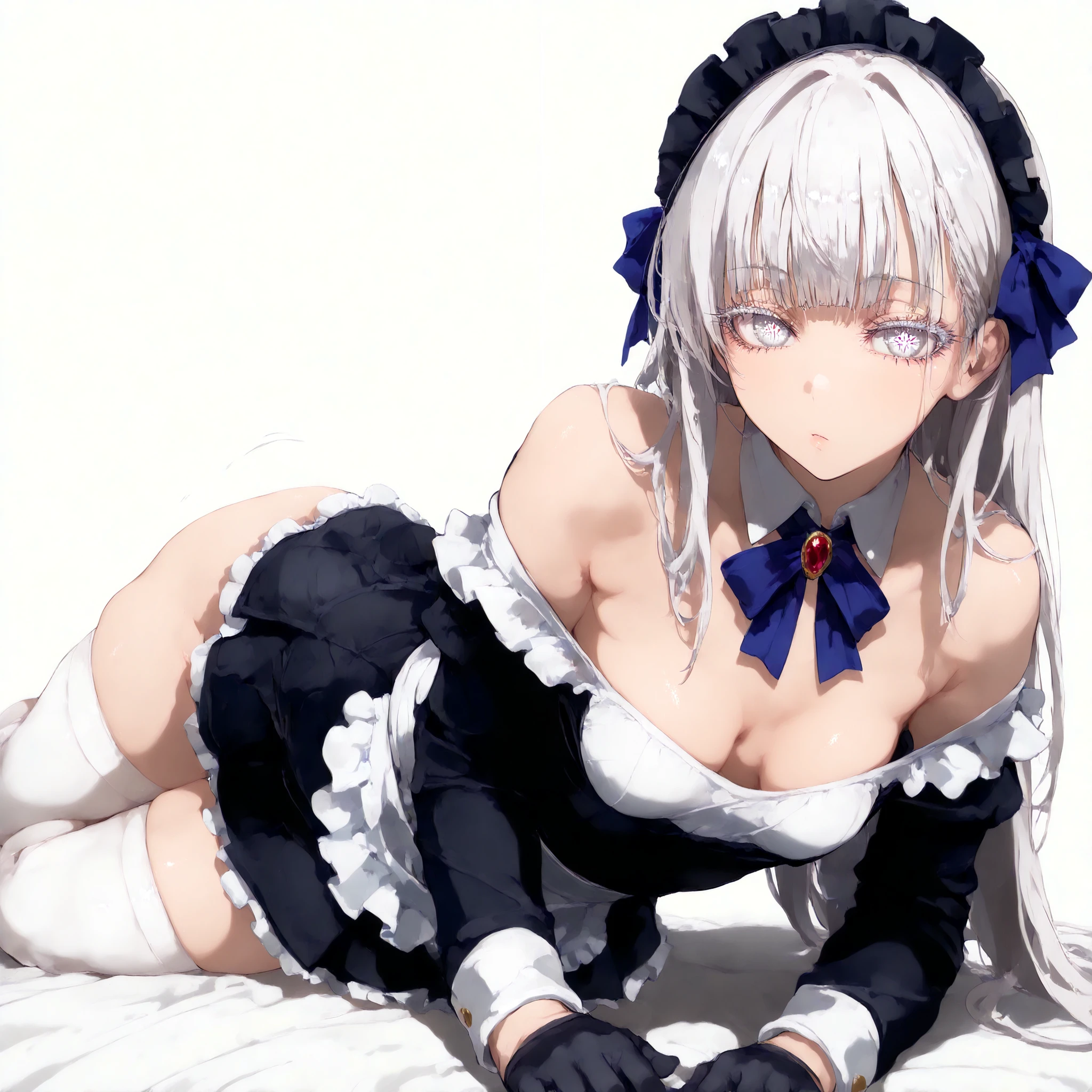 (((masterpiece))), (((best quality))), (((super detailed))), (((dynamic))), (simple background:1.3), (white background:1.3), lie, (lie down:1.1), white bed, mamimi style, sexy pose, small height, slender, a little small breast, beautiful body, like transparent, pretty, cute, attractive, cool, no expression, emotionless, like a doll, mysterious, beautiful, 1 girl, monotone, white hair, very long hair, long bangs, neat bangs, long white eyelashes, jewel eyes, white eyes, beautiful eyes, maid outfit, frilly apron, maid headdress, waist apron, short skirt, frills, ribbon, long sleeves, white stocking, bare shoulder, cleavage, black gloves, 