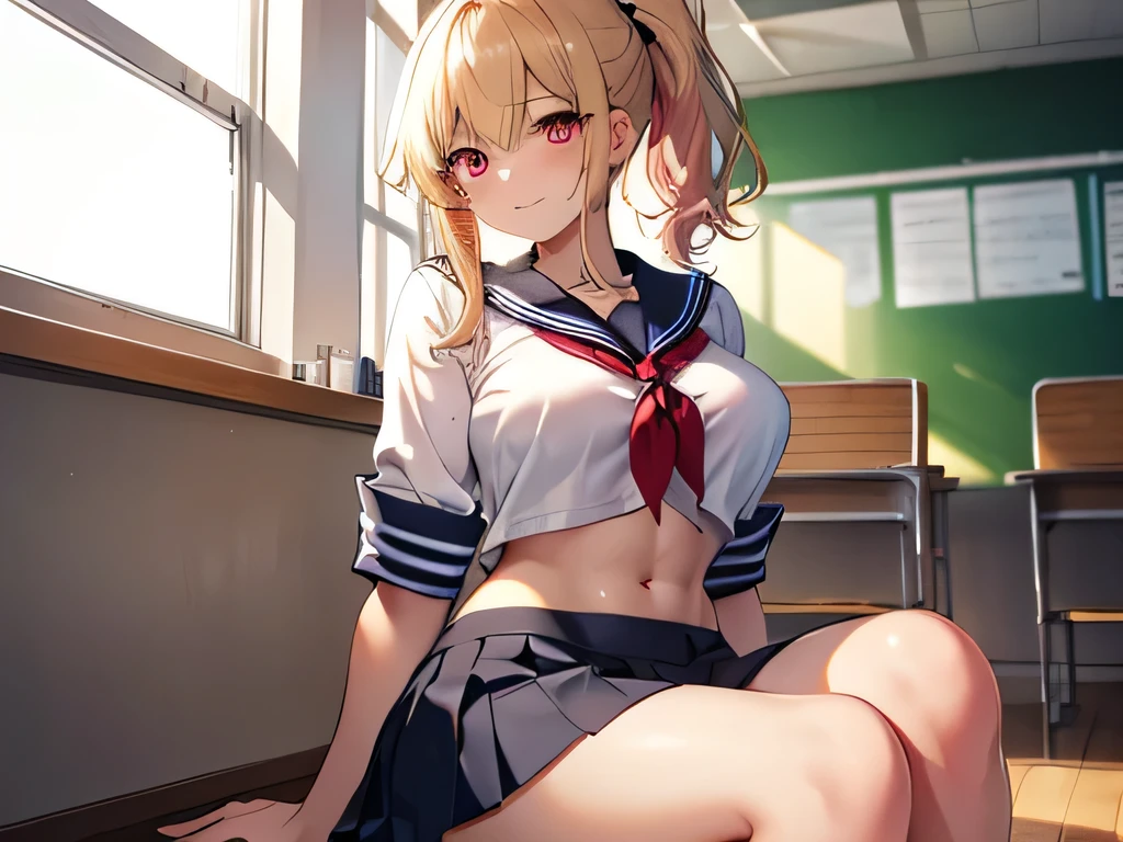 top-quality、realistic touch,high-detail、photoRealstic、thin-waist、captive beauty、big eye、solid platinum-blonde eyelashes、platinum-blonde、full body Esbian、Sparkling eyes, cheeks flushed、thin-waist、In the classroom of the school、She is in estrus、cocky expression、Super short skirt with V-line visible、Sleeveless、Navel look、small tits、Ponytail hair style、sexy sailor suit that is extremely short in length、Colossal tits、big butts、Angle from below、Big breasts visible between uniform and stomach、sexy pose、Clothes that are thin and see-through、Embarrassed look