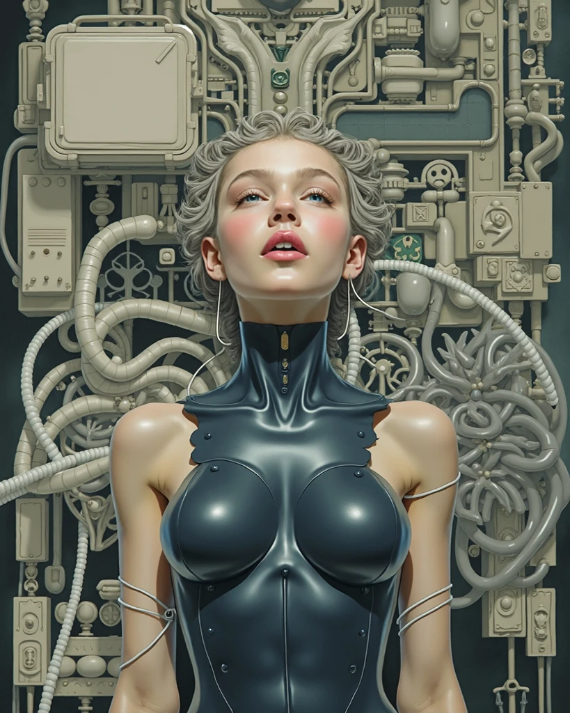 A provocative scene featuring a very slender woman in the throes of pleasure, gasping loudly, wires and buttons of technologically advanced machinery wrap around her figure, (((she is lost in rapture as she masturbates with machinery))), her eyes closed, mouth open in a scream of delight, her body bathed in the soft glow of the machine's lights, the mechanical device's design inspired by 50s pulp magazine illustrations, reminiscent of classic science fiction, vintage, noir allure, splash of neon colors, high contrast