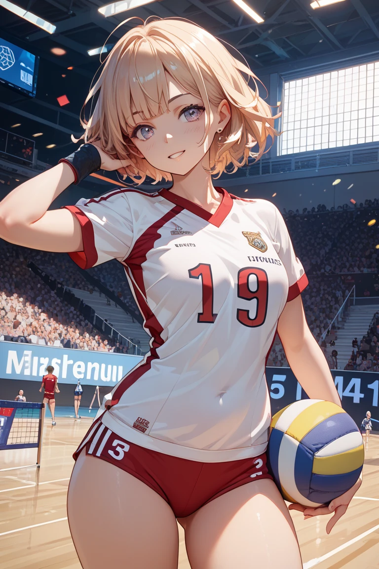 woman posing for a photo,(wearing volley_uniform:1.3),
good hand,4k, high-res, masterpiece, best quality, head:1.3,((Hasselblad photography)), finely detailed skin, sharp focus, (cinematic lighting), collarbone, night, soft lighting, dynamic angle, [:(detailed face:1.2):0.2],(((inside volleyball field))), outside,     